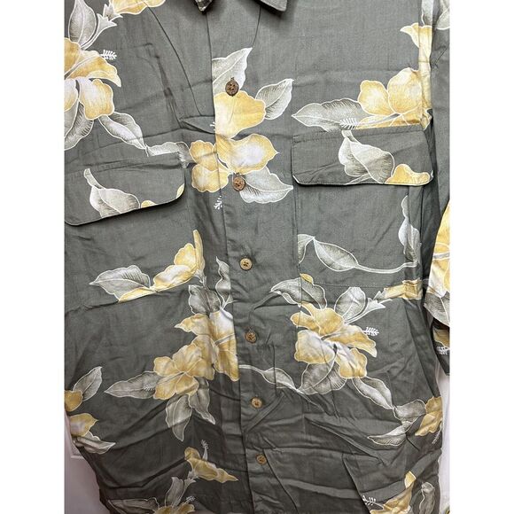 Tommy Bahama | Men's XL | Rayon Gray with Yellow Hibiscus Flower Hawaiian Shirt - Picture 4 of 7